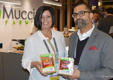 Emily Murracas and Ajit Saxena with Mucci Farms proudly show the company’s new Simple Snack packaging. The Simple pack is made of cardboard with 100% recyclable lidding film. 